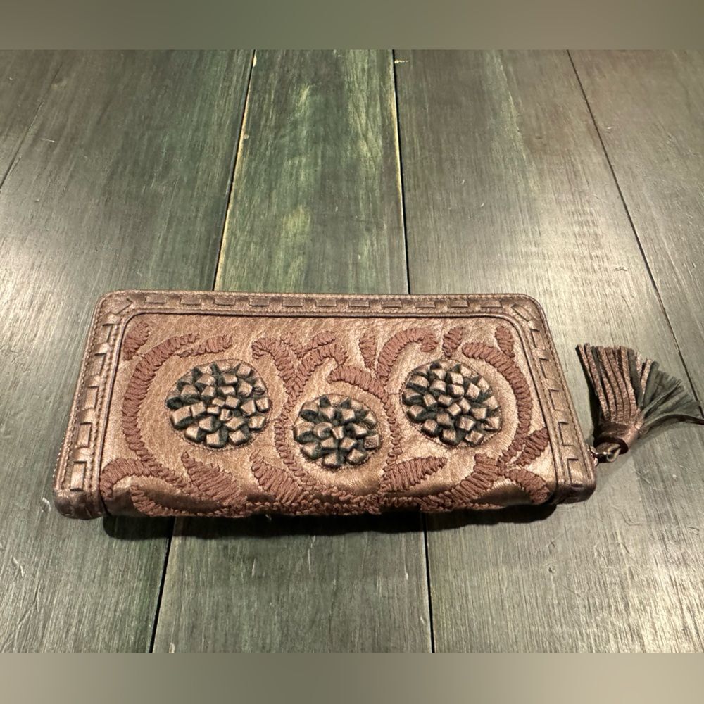 Brow Faux Leather FlyNow Zip Around Long Wallet with Tassel Zipper Pull